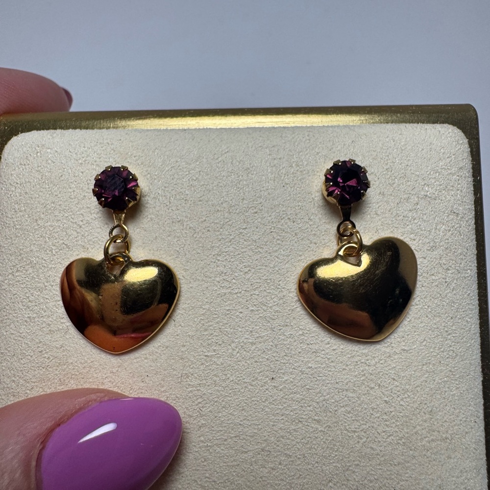 Amethyst Drop Gold Heart Post Earrings | February Birthstone
